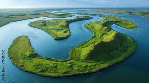  an aerial view of a body of water with a green island in the middle of the water and a green island in the middle of the water in the middle of the water.