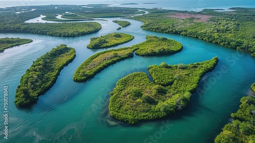  an aerial view of an island in the middle of a body of water with a number of islands in the middle of the water and trees in the middle of the water.