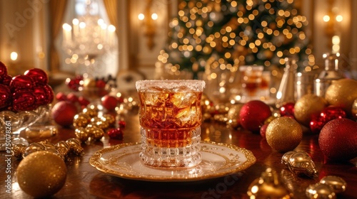  a glass of tea sitting on top of a wooden table next to christmas ornaments and a christmas tree in a room filled with gold and red bauble decorations.