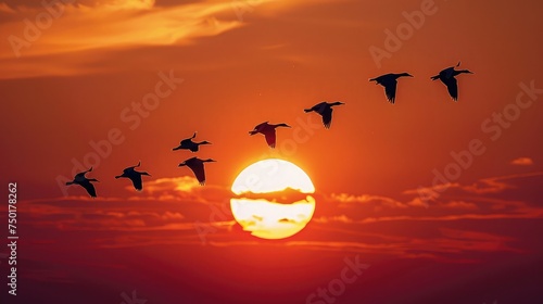Big Sun in sunset,Under the concept of good leadership, teamwork ,Like birds flying through the the sun during the sunset