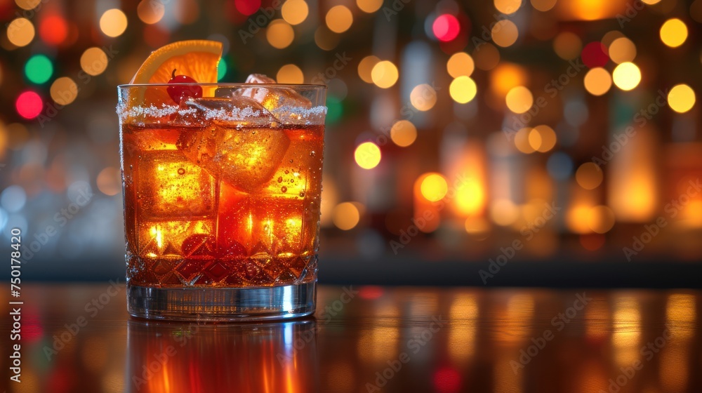 a close up of a drink in a glass with ice and a slice of orange on a table with a blurry background of lights and boke of lights. a close up of a drink in a glass with ice and a slice of orange on a table with a blurry background of lights and boke of lights.