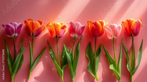 Vibrant Spring Tulips on Pastel Pink Background Generative AI #750178690
