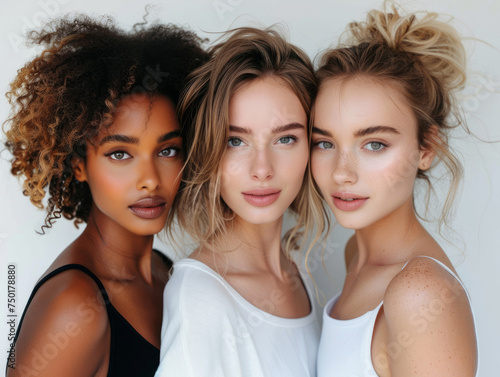 Ritratto di 3 visi di di belle donne con bellezza naturale e pelle liscia e luminosa, scatto di beauty,etnie diverse , sfondo bianco, 
