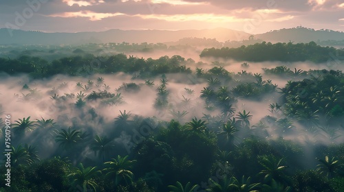 A dense mist rolling over a forest at dawn, creating a magical and mysterious atmosphere