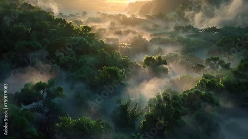 A dense mist rolling over a forest at dawn, creating a magical and mysterious atmosphere