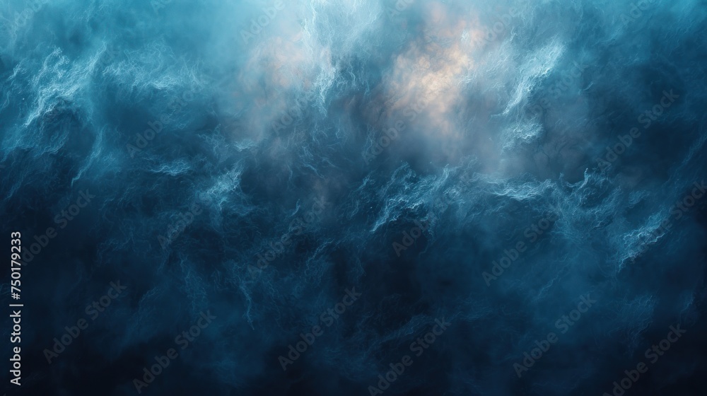  a painting of a dark blue ocean with clouds and a light in the middle of the ocean with a red light in the middle of the water and a red light at the top of the bottom of the picture.