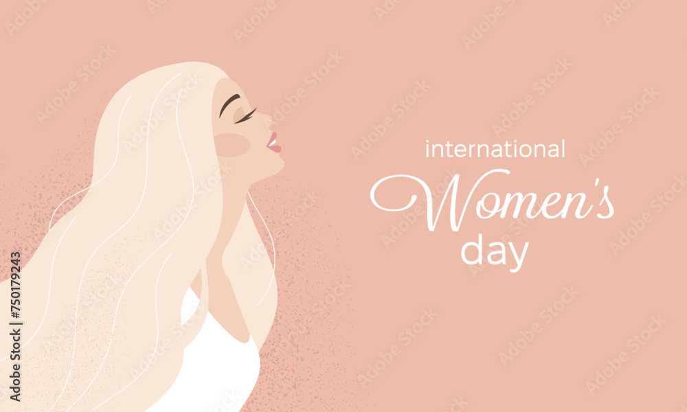 Banner International Womens Day, March 8. Beautiful girl in profile. Self-love. Inscription. Vector flat illustration Banner International Womens Day, March 8. Beautiful girl in profile. Self-love. Inscription. Vector flat illustration