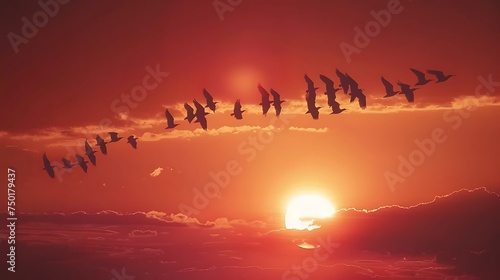 A flock of birds flying in a V formation across a sunset sky  representing migration and the natural world