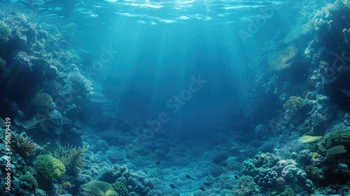  an underwater view of a coral reef with sunlight streaming through the water's surface and fish swimming about the corals on the bottom part of the ocean floor.