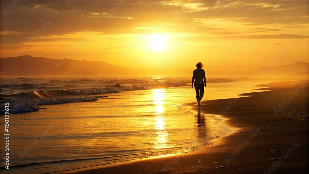 Silhouette of a Person Walking Alone on a Sandy Beach
