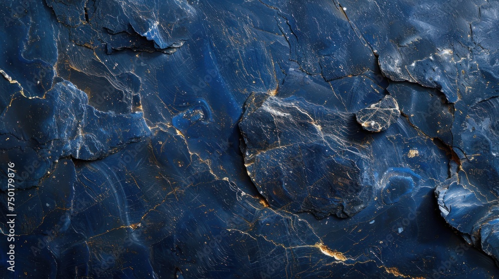 a close up of a rock wall with a blue pattered pattered surface and gold veining on the top of the rock, and bottom part of the wall.