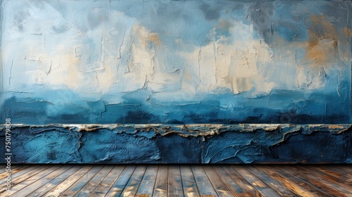  a painting on a wooden floor in front of a wall with a wooden floor and a wooden floor with a wooden floor and a large blue painting on the wall.