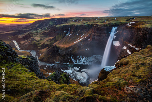 Long exposure of the beautiful Haifoss waterfall at sunset in the Icelandinc Highlands photo