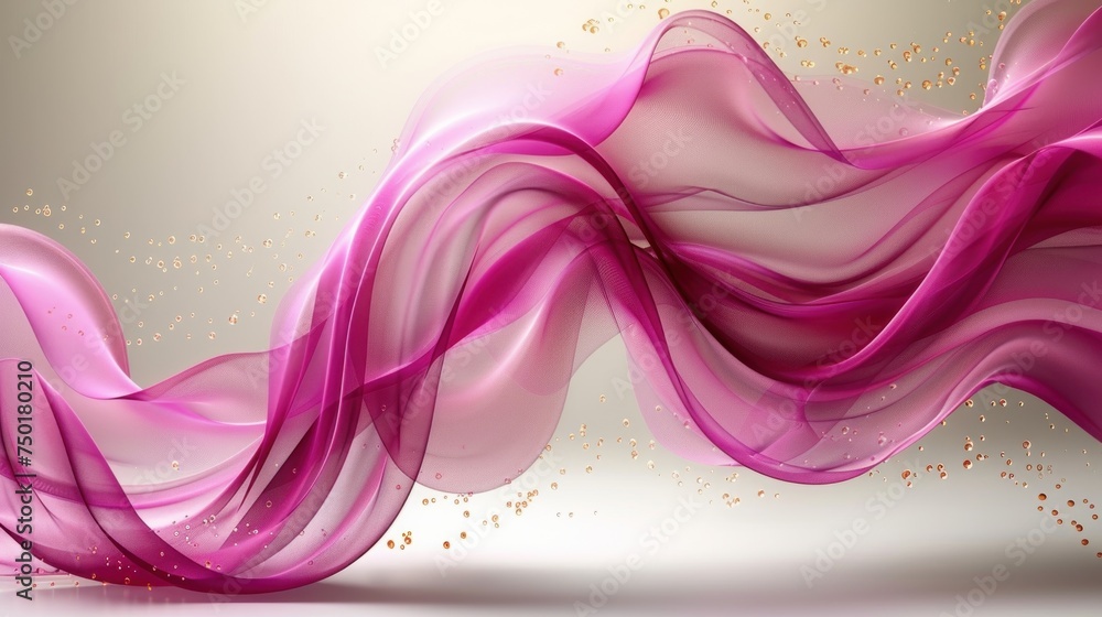 an abstract pink wave with gold flecks on a gray and white background ...