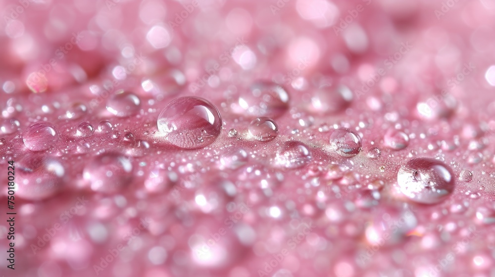 Fototapeta  a close up view of water droplets on a pink surface with a blurry back drop of water on the right side of the image, and the left side of the image.