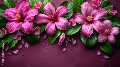  a group of pink flowers with green leaves on a purple background with drops of water on the petals and green leaves on the top of the petals and bottom of the petals.