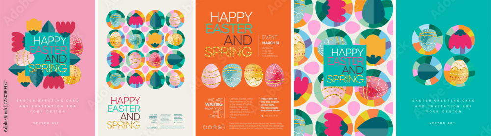 Happy easter! Vector illustration of geometric modern trendy abstract pattern, easter eggs, background, flowers and leaves for poster, flyer, greeting card or invitation - obrazy, fototapety, plakaty 