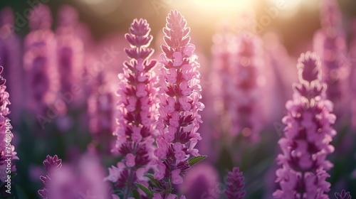  a field full of purple flowers with the sun shining through the clouds in the backgrounnd of the photo, with a blurry background of the flowers in the foreground and the foreground of the foreground.