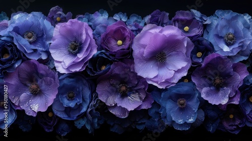  a group of purple and blue flowers on a black background with water droplets on the petals and in the center of the flowers is a yellow center of the picture.