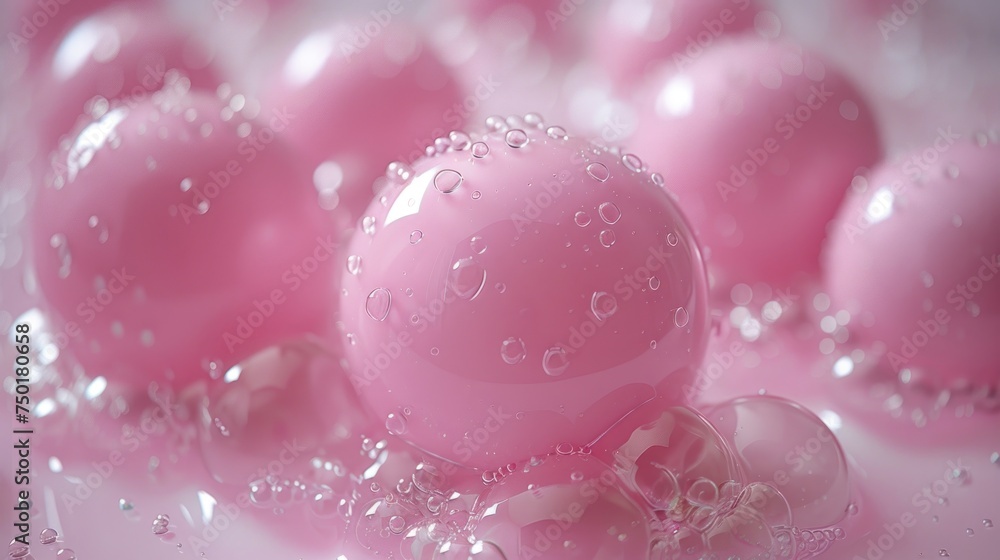  a group of pink balls with water droplets on them and a pink background with bubbles on the bottom of the balls and the top of the balls on the bottom of the ball.