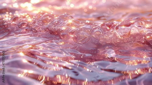  a close up of water bubbles in a body of water with light reflecting off the surface of the water and on the surface of the water is a pink hue. © Nadia