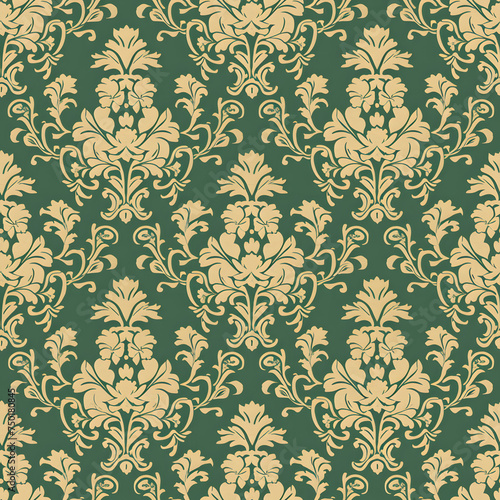 Seamless texture of green and gold damask pattern. Neural network generated image. Not based on any actual scene or pattern.