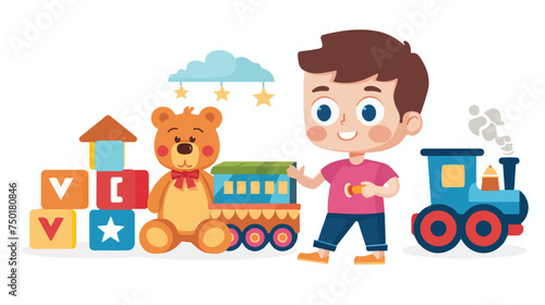 Boy with bear and train toys kids zone vector illust