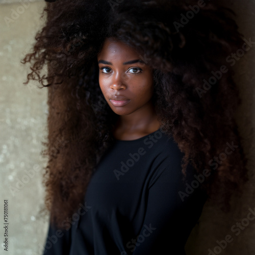 An African American woman with a stunning mane of curly hair looks contemplatively towards the camera. Her hair frames her face beautifully, creating a natural, majestic appearance.