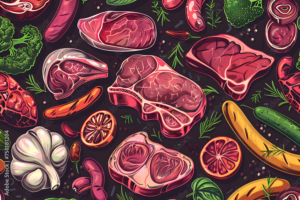 Naklejka premium Vibrant Pattern of Fresh Meats and Vegetables Illustration