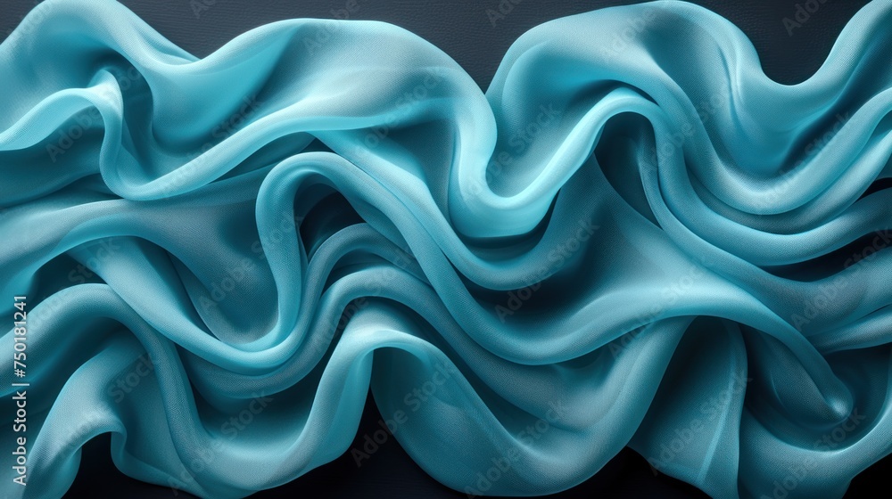  a close up of a wave of blue fabric on a black background with a black background and a white stripe at the bottom of the wave and bottom of the image.