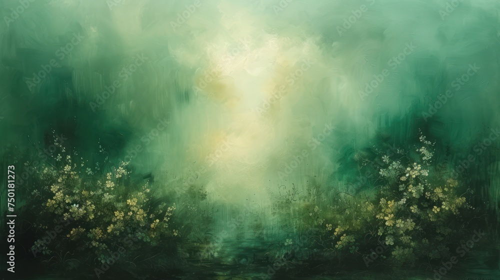  a painting of a green, yellow and white landscape with flowers and a path leading to a light at the end of the picture is a foggy, overcast sky.