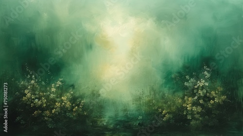  a painting of a green, yellow and white landscape with flowers and a path leading to a light at the end of the picture is a foggy, overcast sky.