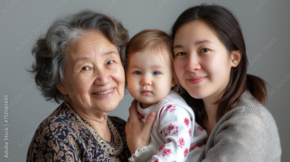 Portrait of charming beautiful friendly king supportive cute family members hugging each other isolated on gray background copyspace Portrait of charming beautiful friendly king supportive cute family members hugging each other isolated on gray background copyspace