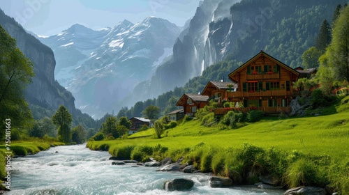  a river running through a lush green valley next to a lush green hillside covered in lush green grass and a tall mountain covered with snow capped mountains in the background.