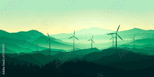 Green energy concept. Silhouette of landscape view of wind power turbine among mountain hill with sky in the early morning and copy space for text in the sky