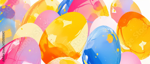 Easter background with bright neon colored watercolor translucent Easter painted eggs. Vivid colorful springtime wallpaper design, template, backdrop, print photo