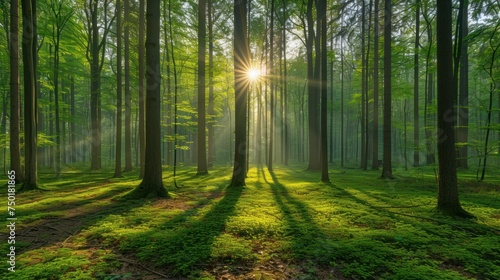  the sun shines through the trees in a forest filled with lush green grass and trees with long shadows on the ground and in the foreground  the sun shining through the trees.