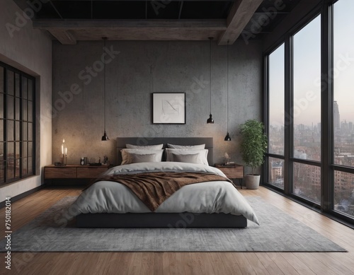 Bedroom interior in a loft apartment. minimalist decor in an industrial and Scandinavian design. Grey pillows on a double bed. 