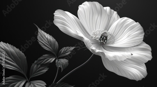  a black and white photo of a flower with a lady bug on the center of the flower and a leaf on the other side of the flower, on a black background.