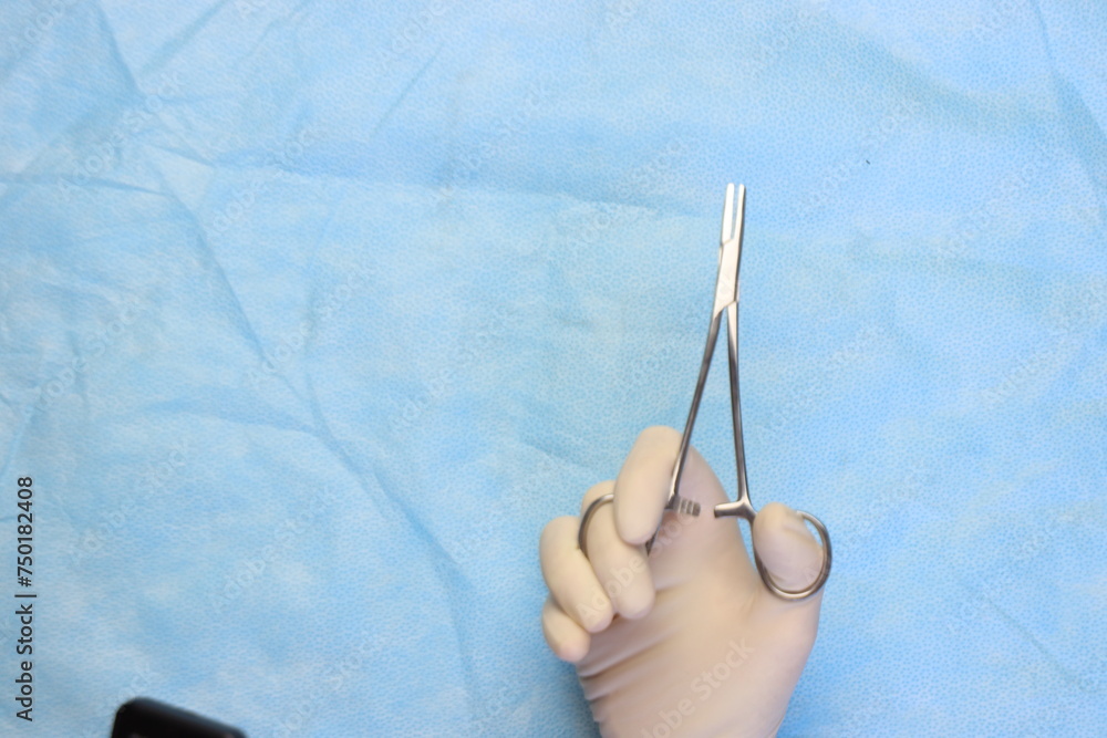 Surgical forceps in a surgeon hand wearing sterile gloves with a surgical surface with copy space in the Left side Surgical forceps in a surgeon hand wearing sterile gloves with a surgical surface with copy space in the Left side