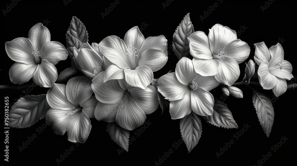  a black and white photo of a bunch of flowers with leaves on the bottom of the picture and the bottom of the picture on the bottom of the picture with a black background.