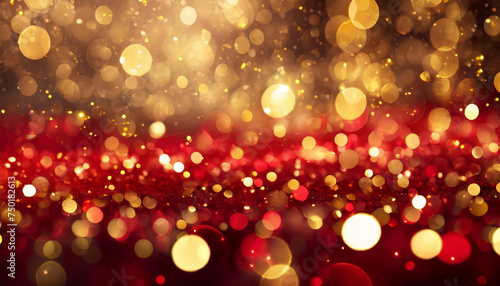 Christmas background, red and gold glitter on shiny bokeh background