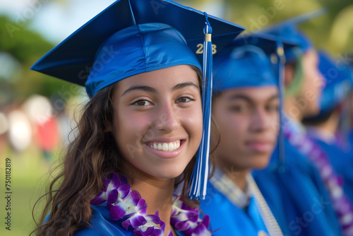 A group of young people wearing blue graduation caps and gowns is seated together at their graduation ceremony 