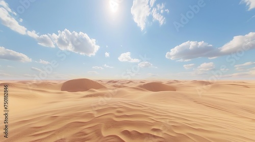 A panoramic view of a desert with sand dunes under a clear blue sky  emphasizing the beauty of arid landscapes