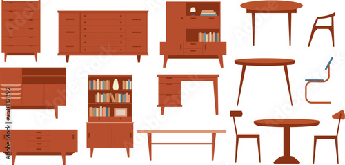 Midcentury furniture set interior decoration clipart flat vector illustration