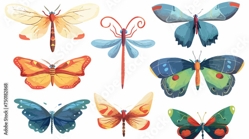 Butterfly and dragonfly set cartoon isolated illustr