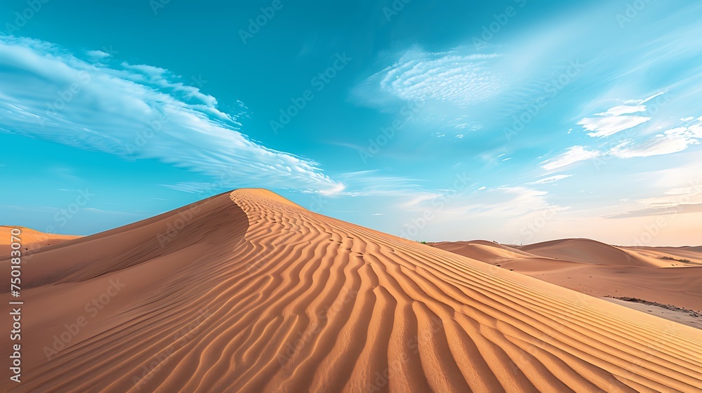 A panoramic view of a desert with sand dunes under a clear blue sky, emphasizing the beauty of arid landscapes