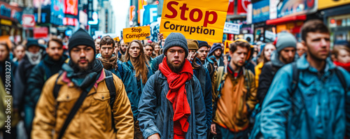 Crowd of protesters with a bold Stop Corruption sign, rallying on urban streets for political integrity, governance reform, and anti corruption movements © Bartek
