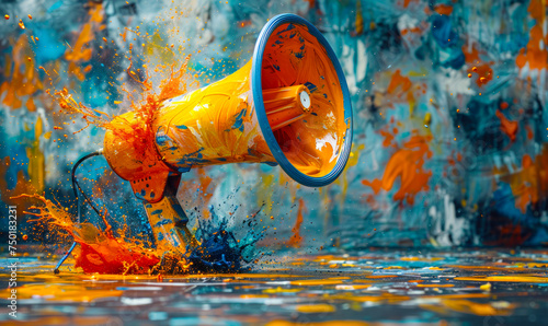 Vibrant creativity and communication concept with a colorful megaphone amidst splashing paint on an abstract dynamic background symbolizing expression © Bartek