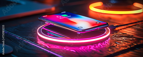Futuristic smartphone with battery charging indicator on screen placed on wireless charging pad with glowing neon rings on a dark surface photo